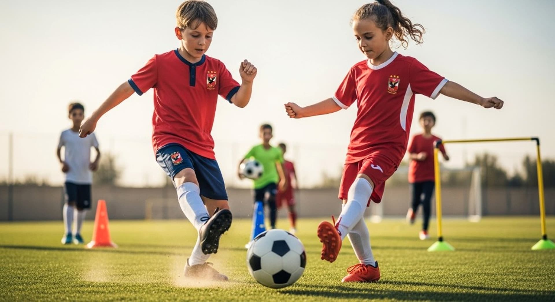 Young players kicking a soccer ball together